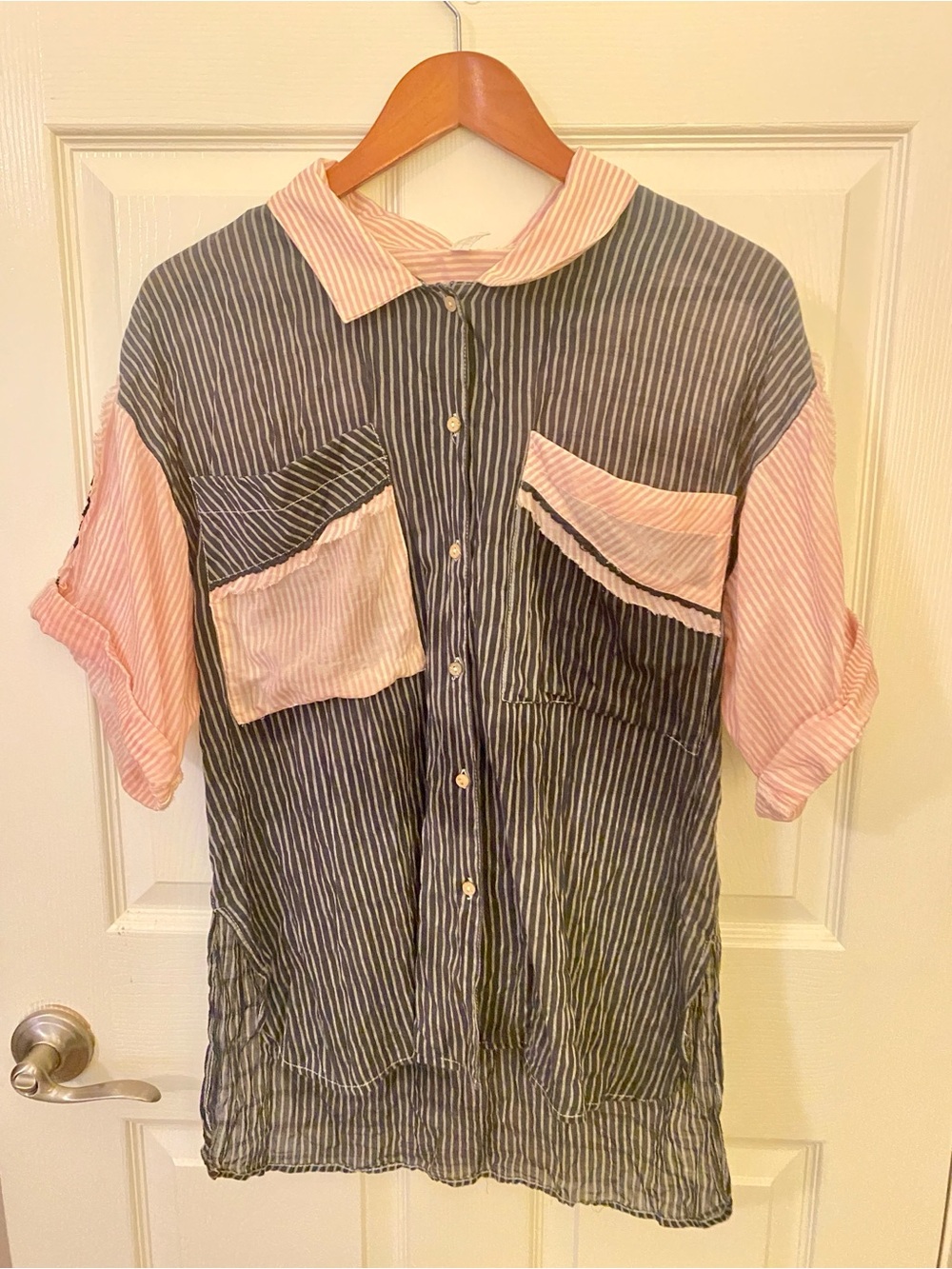 Free People Striped  Button-Up Shirt with Pink Accents